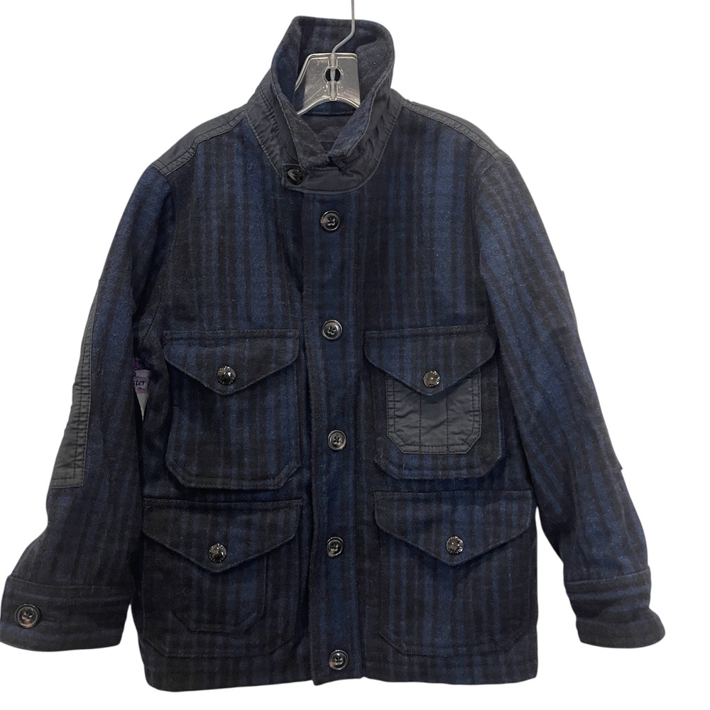 Boys GAP Woolen Coat Button Up Classic Style Lined Size 6-7 Navy Blue Plaid Wool